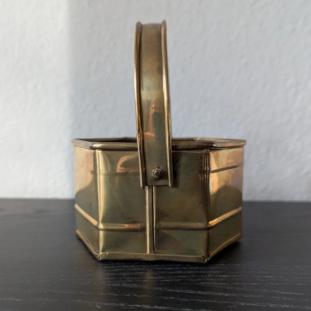 Vintage Solid Brass Small Hexagon Basket W/ Fold Down Handle 2.5'' X 4